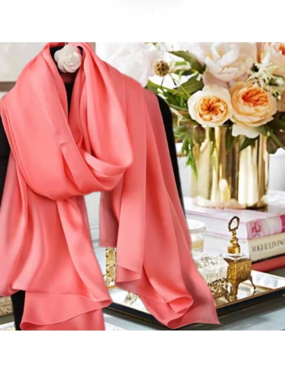 Coral Pink Red 100% SILK SATIN Large Shawl Scarf Wrap Wedding Bridesmaid CoverUp